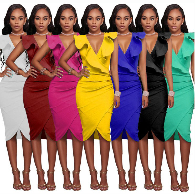 Damen elegantes Wickelkleid mit Rüschendetails R&B