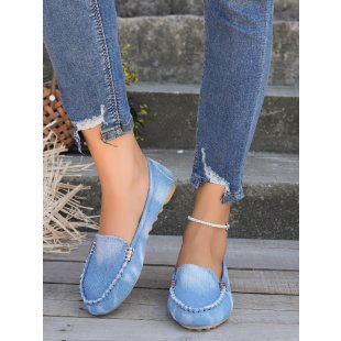 Damen nan lässige Denim-Mokassin-Slipper mit elastischem Einstieg und rutschfester Gummisohle R&B