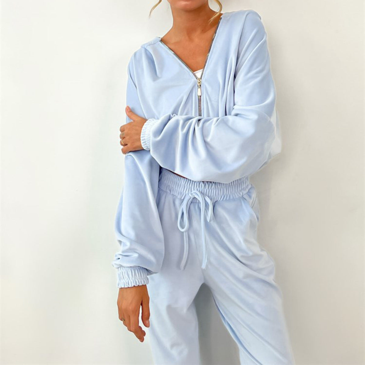 Damen Fleece Freizeitanzug mit hohem Kragen und Kordelzug R&B
