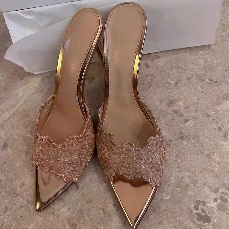 Damen elegante Slingback-Mules mit Spitze und filigraner Blumenverzierung R&B