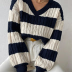 Damen nan gestreifter Grobstrick-Pullover mit Zopfmuster, tiefem V-Ausschnitt und oversized Passform R&B