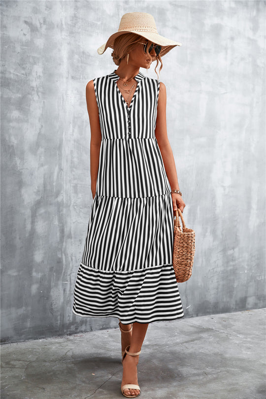 Damen Maxikleid mit gestreiftem Design, durchgehendem Knopfverschluss und voluminösem Saum R&B