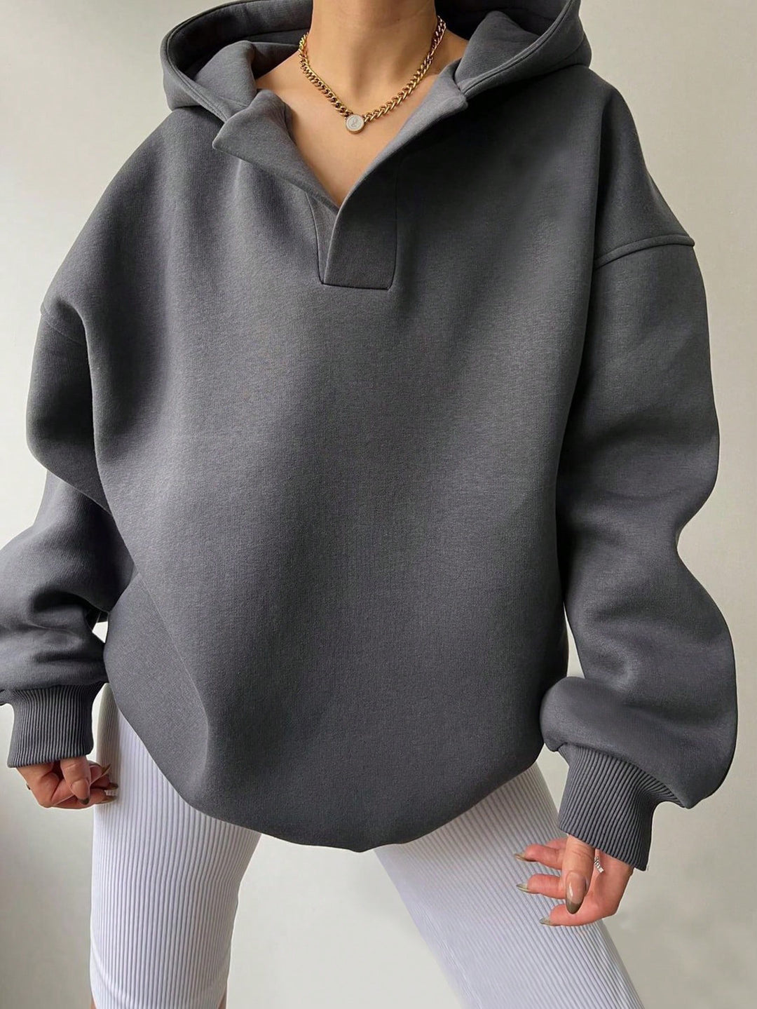 Damen Oversized Kapuzensweatshirt mit lässigem Stehkragen und langen Ärmeln R&B
