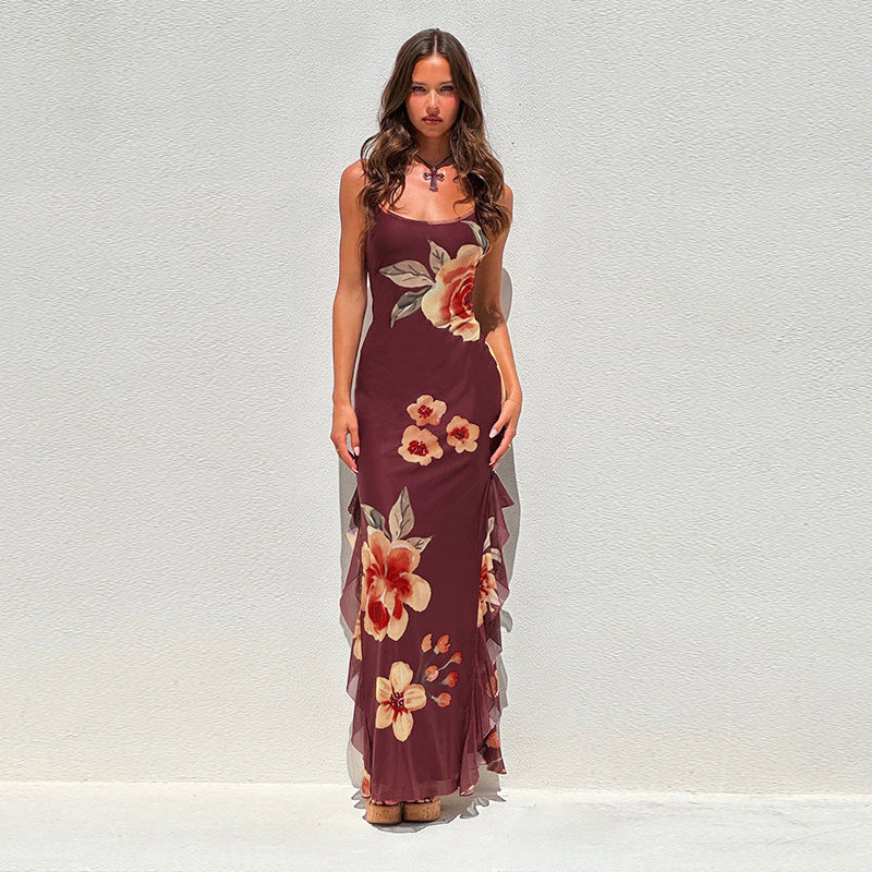 Damen elegantes Maxikleid mit floralem Design und seitlichem Schlitz