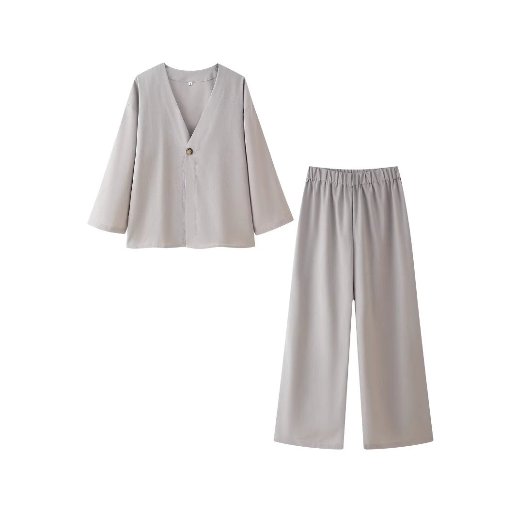 Damen Set aus eleganter Bluse mit V-Ausschnitt und weit geschnittenen Palazzo-Hosen R&B
