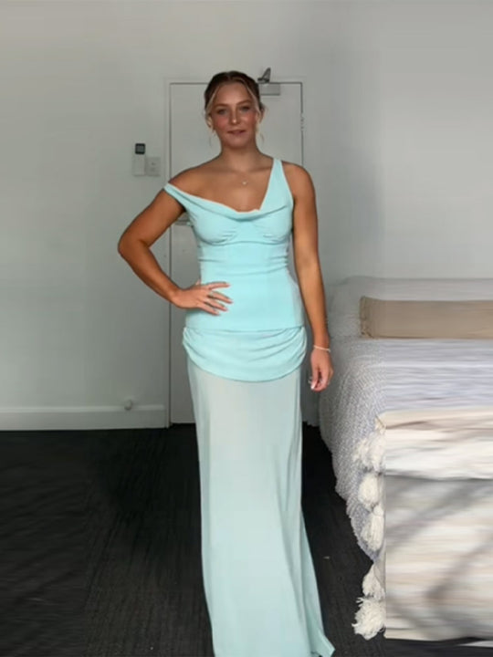 Damen elegantes Maxikleid mit Raffungen und asymmetrischem Ausschnitt R&B