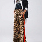 Damen weite Leinenhose mit modischem Leopardenmuster und kontrastierendem Streifen R&B