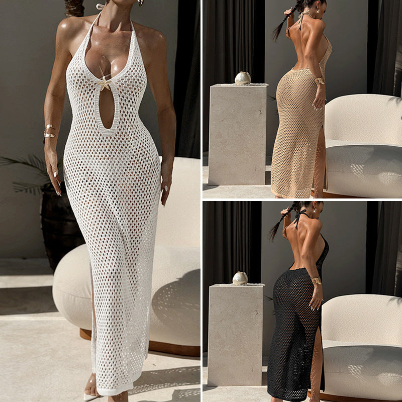 Damen Häkel-Strandkleid mit schickem Lochmuster und tiefem V-Ausschnitt R&B