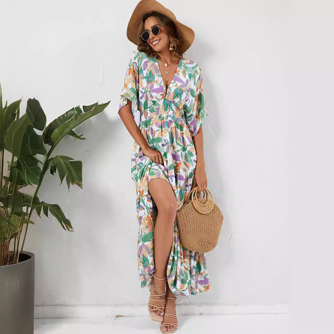 Damen Maxi-Kleid mit V-Ausschnitt und floralen Mustern R&B