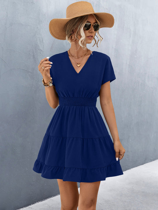 Damen V-Ausschnitt Freizeitkleid mit Rüschendetails und elastischem Bund R&B