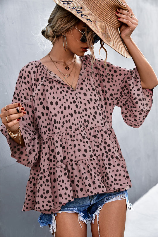 Damen lässige Bluse mit voluminösen Ärmel und modischem Punktmuster R&B