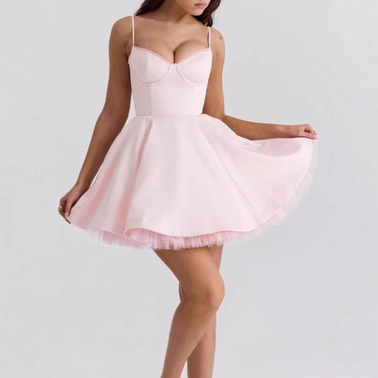 Damen Skaterkleid mit zarten Spaghettiträgern und elegantem Taillenkorsett R&B