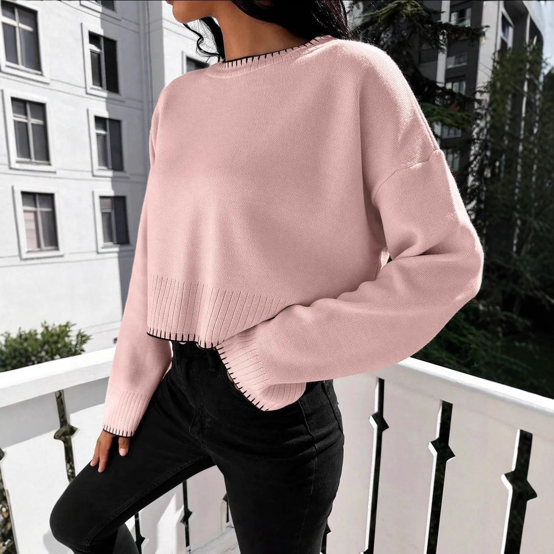 Damen lässiger Strickpullover mit geripptem Saum und überschnittenen Schultern R&B