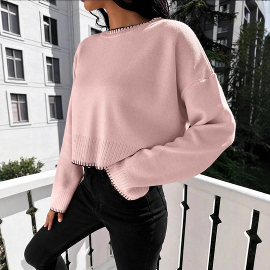 Damen lässiger Strickpullover mit geripptem Saum und überschnittenen Schultern R&B