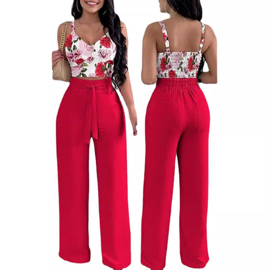 Damen Zweiteiliges Set aus floralem Oberteil und weiten Hosen R&B