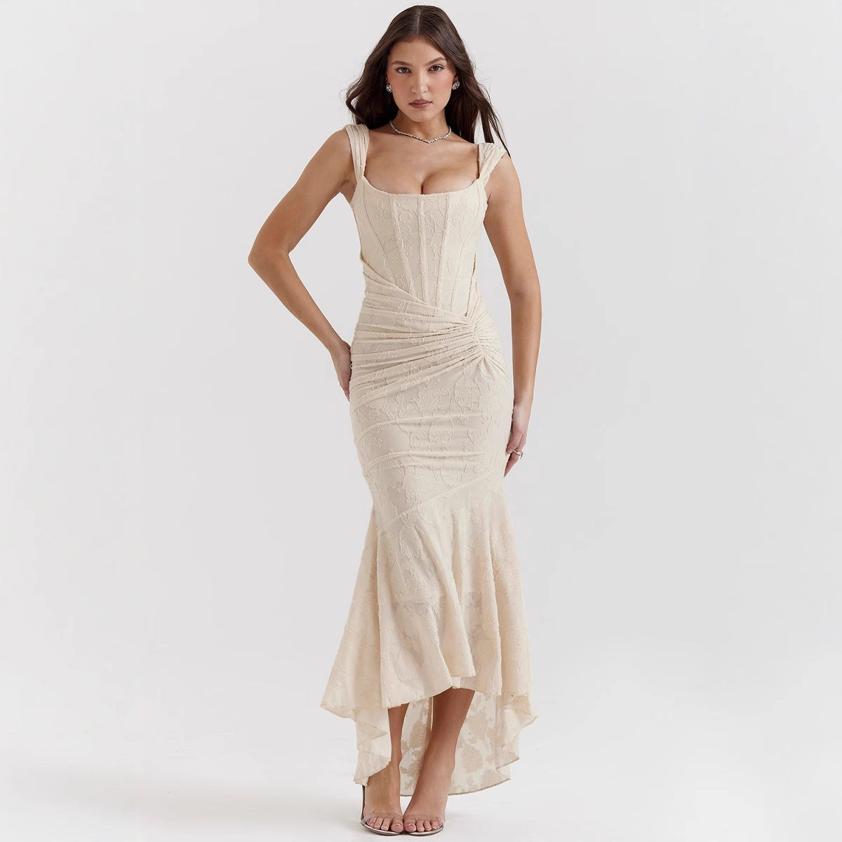 Damen Elegantes Spitzenkleid mit asymmetrischem Saum und gerafften Details R&B