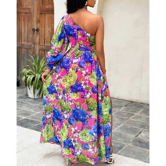 Damen Blumen Ein-Schulter Maxi Kleid R&B