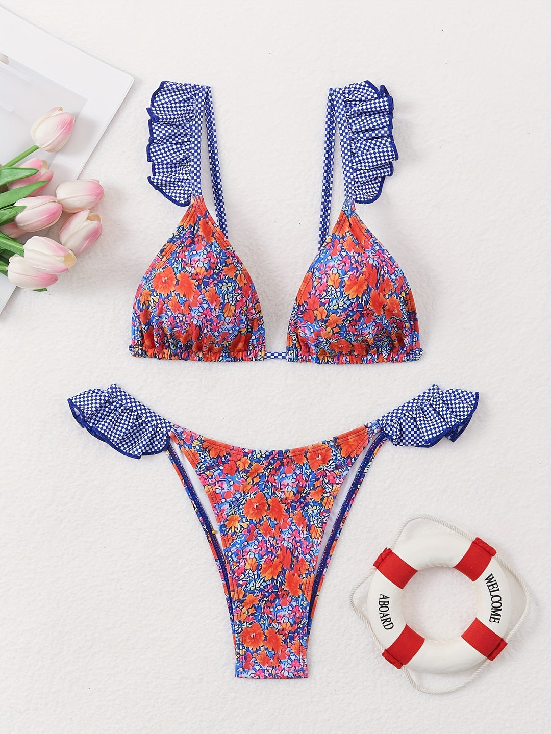 Damen Triangel-Bikini mit verspielten Rüschendetails und floralem Muster R&B