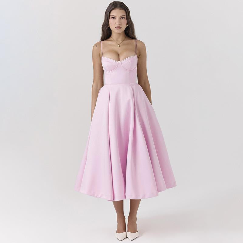 Damen Elegantes Satin Abendkleid mit schwingendem Rock und verstellbaren Spaghetti-Trägern R&B