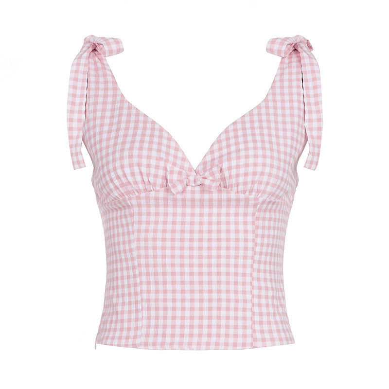 Damen V-Ausschnitt Top mit Bindedetails im Karomuster R&B