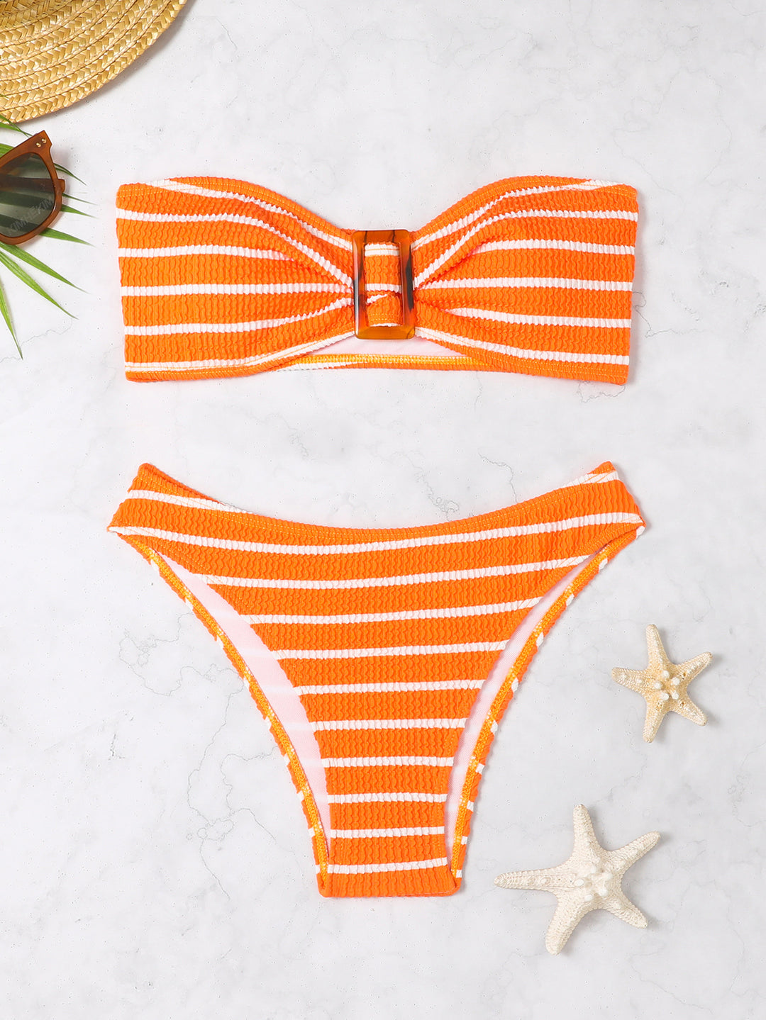 Damen Bandeau-Bikini mit modischem Streifenmuster und dekorativer Schnalle R&B