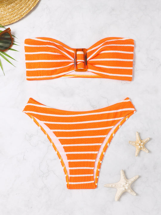 Damen Bandeau-Bikini mit modischem Streifenmuster und dekorativer Schnalle R&B