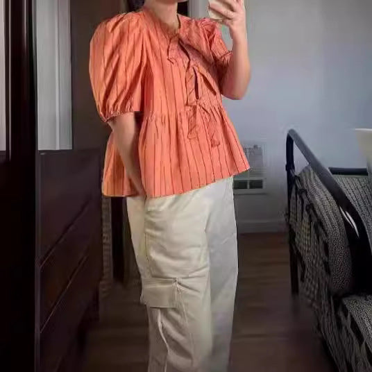 Damen Bluse mit Rüschen und Schleifenakzenten R&B