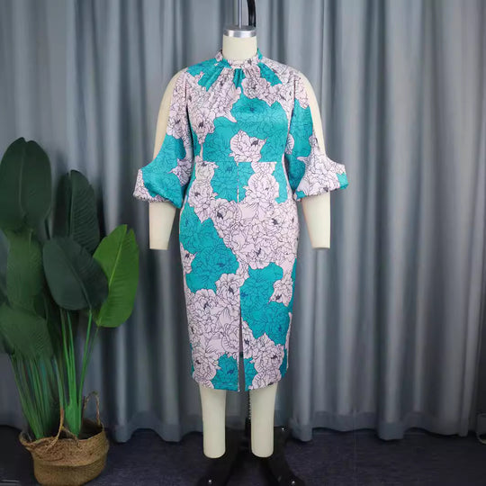 Damen elegantes Wickelkleid mit floralem Muster und modischen Cut-Out-Ärmeln R&B