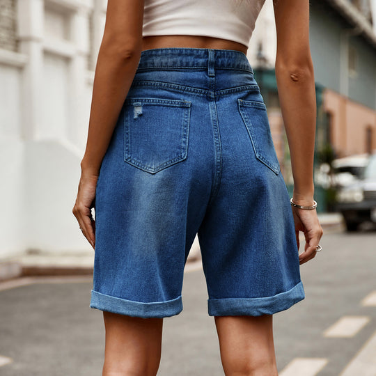 Damen entspannte Denim-Shorts mit umgeschlagenem Saum R&B