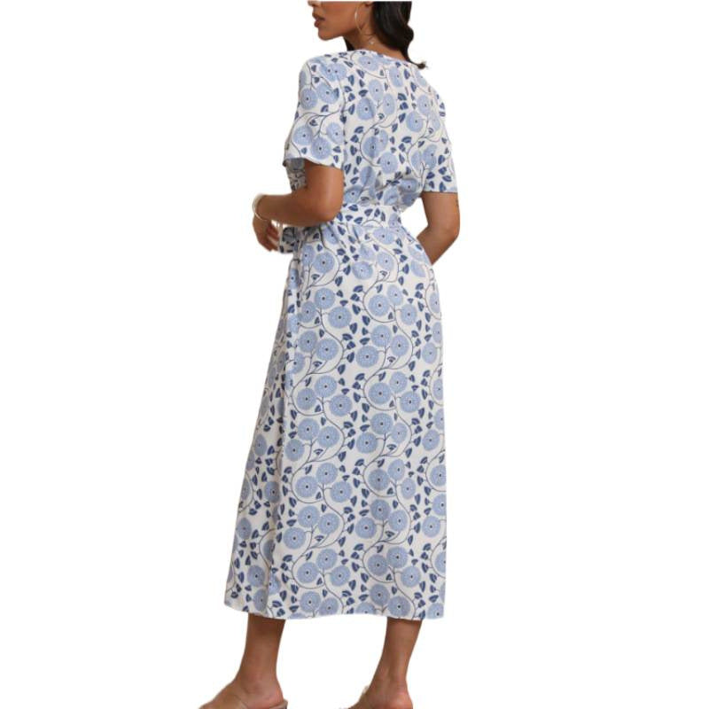 Damen Langarmmaxikleid mit floralem Design und elegantem Bindegürtel R&B