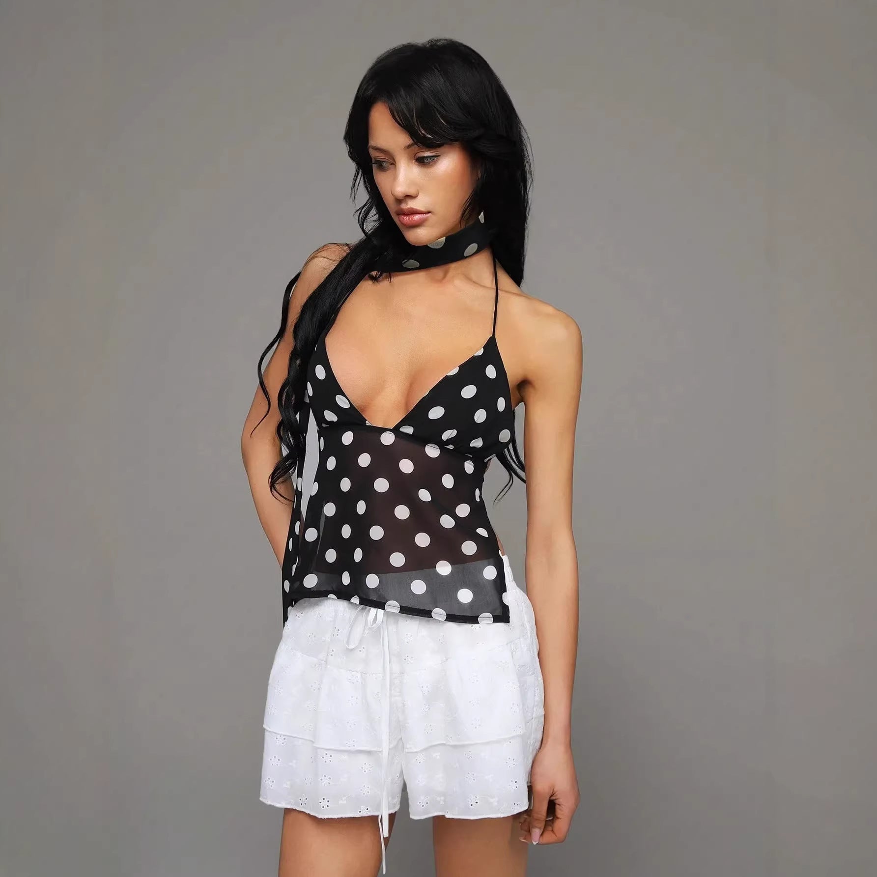 Damen Polka-Dot Oberteil mit dekorativem Halstuch und leichtem Stoff R&B