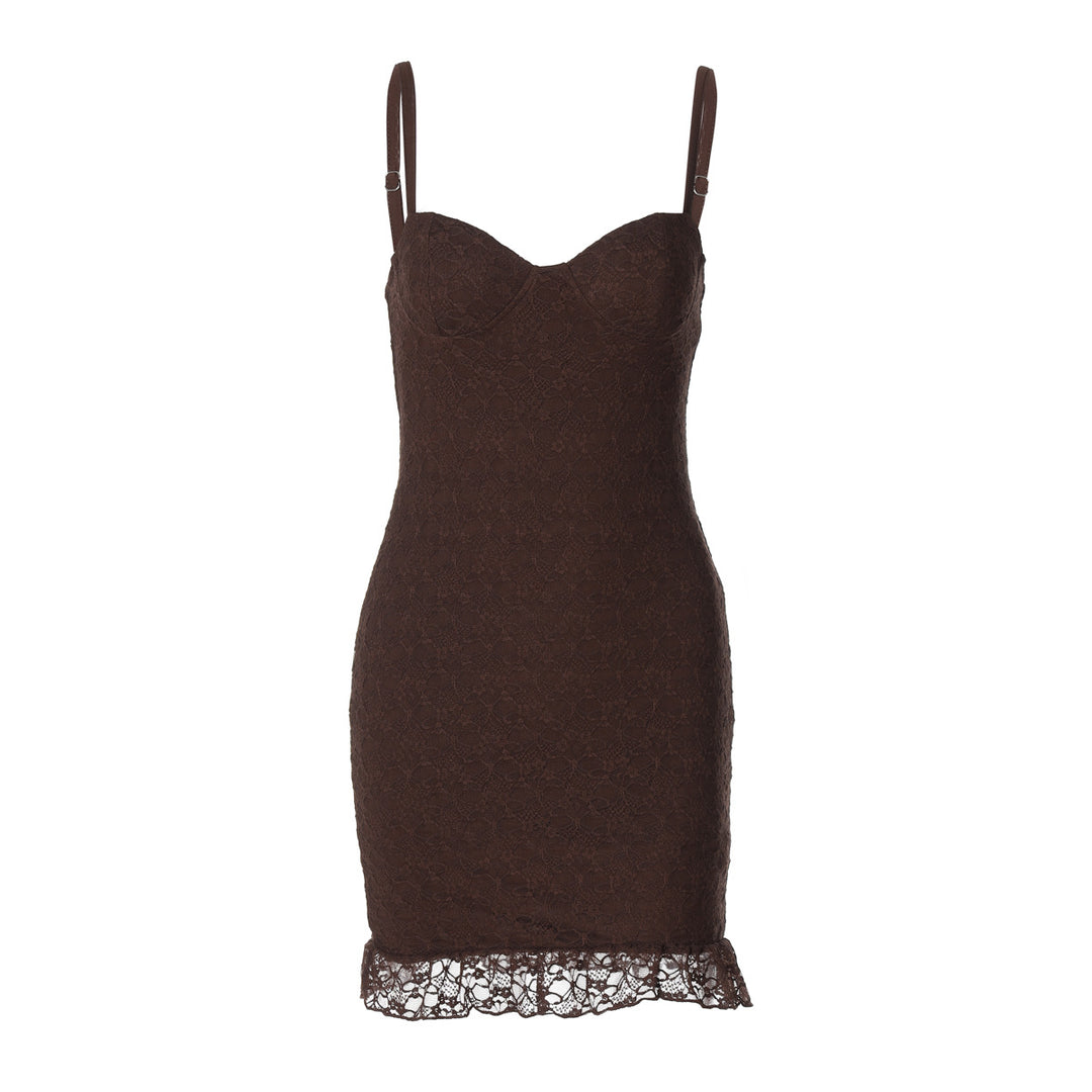 Damen figurbetontes Spitzenkleid mit verführerischem Bustier-Ausschnitt und dekorativem Saum R&B