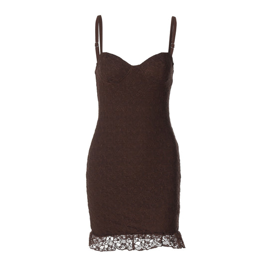 Damen figurbetontes Spitzenkleid mit verführerischem Bustier-Ausschnitt und dekorativem Saum R&B