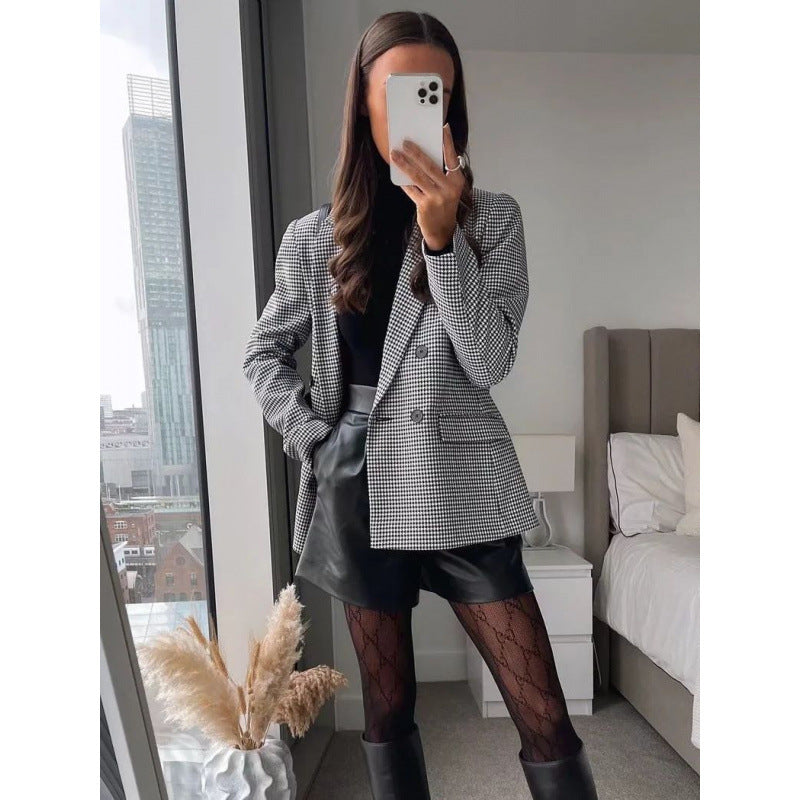 Damen kariertes Blazerjacke mit doppelter Knopfreihe und idealem Schnitt R&B