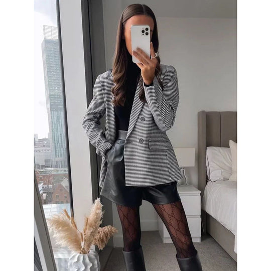 Damen kariertes Blazerjacke mit doppelter Knopfreihe und idealem Schnitt R&B