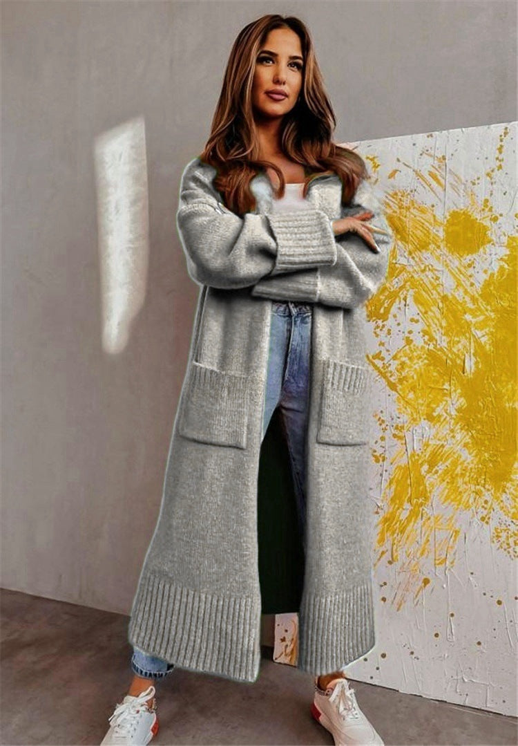 R&B | Lange Strickjacke Strickstoff Lockere Passform Offene Vorderseite Seitliche Taschen