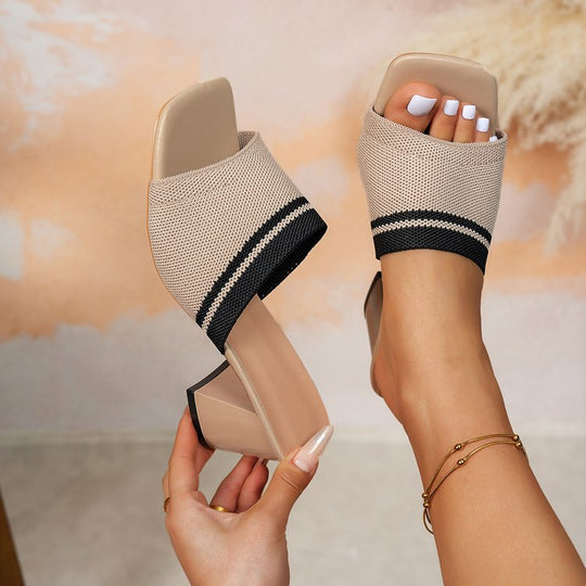 Damen elegante Mules mit Blockabsatz und modischem Gewebemuster R&B