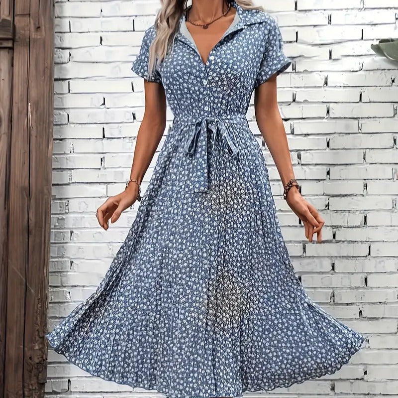 Damen Maxikleid mit knöpfbarem Kragen und Bindegürtel R&B