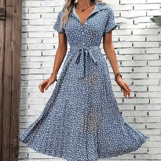 Damen Maxikleid mit knöpfbarem Kragen und Bindegürtel R&B