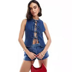 Damen Denim-Weste mit innovativem Schnürverschluss und stylischem Design R&B