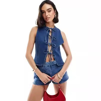 Damen Denim-Weste mit innovativem Schnürverschluss und stylischem Design R&B