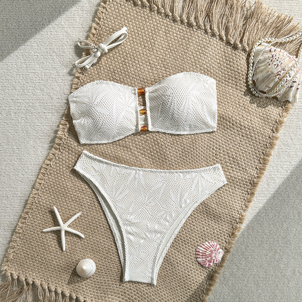 Damen Bandeau-Bikini mit floralem Häkelmuster R&B