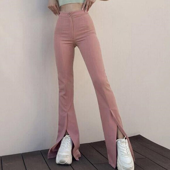 Damen modische High-Waist-Hose mit schmalem Schnitt und ausgestelltem Bein R&B