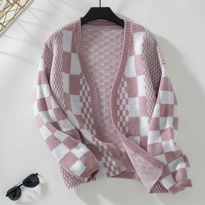Damen lässige Strickjacke im modischen Karomuster R&B