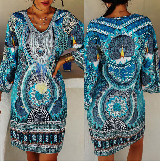Damen Strandkleid mit modernem Mandala-Design und voluminösen Ärmeln Heidi-Mode