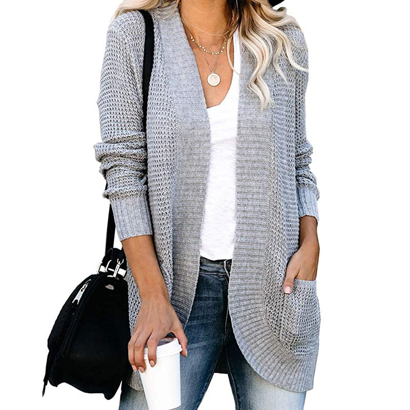 Damen lässige Strickjacke mit offenen Ärmeln und praktischen Taschen R&B