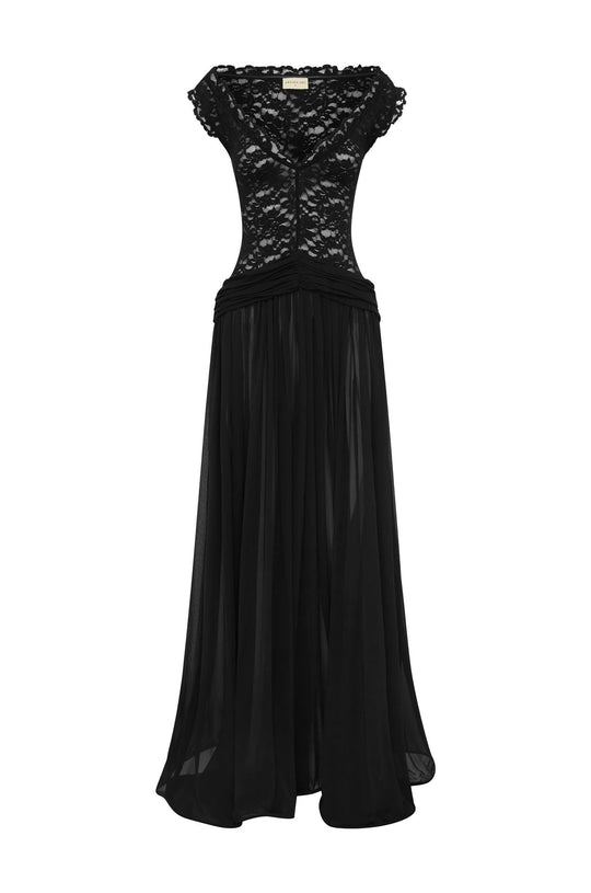 Damen Elegantes Spitzenmaxikleid mit fließendem Rock R&B