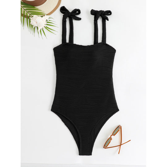 Damen Einteiler Badeanzug mit modischem Wickelrock und eleganten Bindebändern R&B