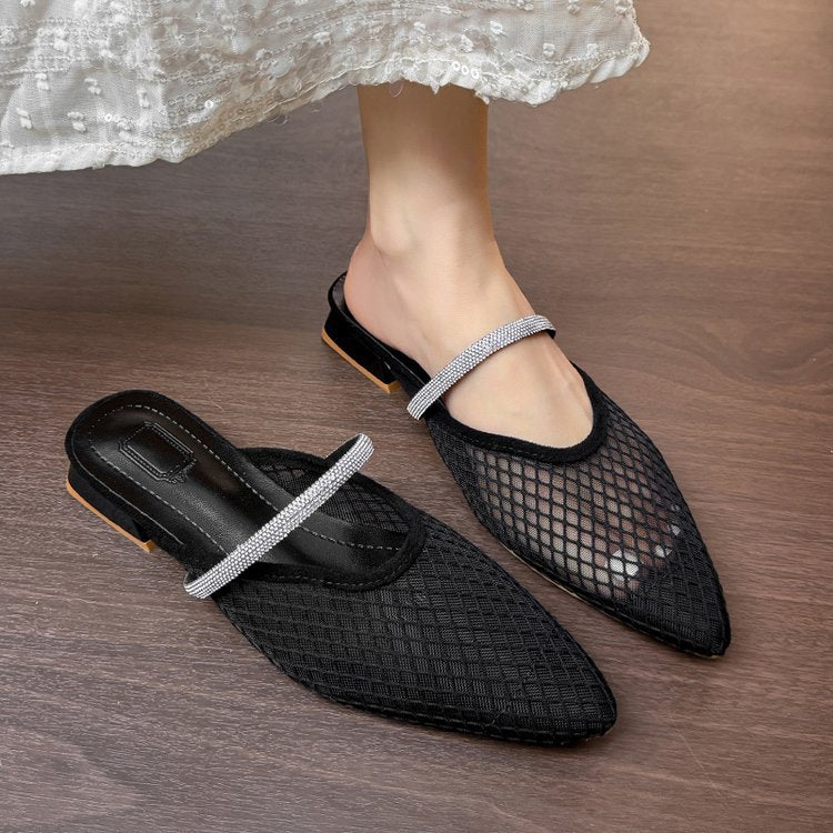 Damen transparente Netz-Mules mit funkelndem Riemen R&B