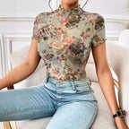 Damen figurbetonter Turtleneck-Body mit kunstvollem Druck R&B